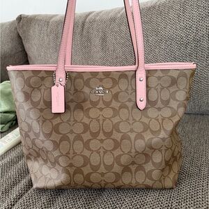 Coach Signature Canvas Tote with Pink Leather Trim